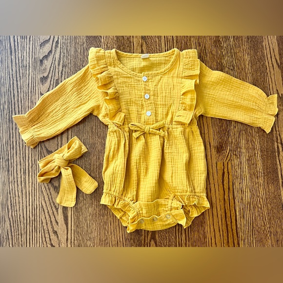 Baby girl Mustard yellow / gold romper with headband size 12-18 months - Picture 1 of 5